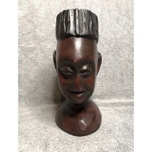Vintage 9" Wood Hand Carved African Tribal Male Figure Bust Statue Head